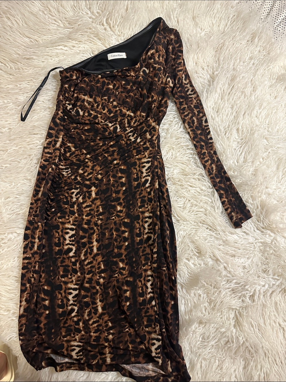 Calvin Klein One-Shoulder Leopard-Print Ruched Midi Dress in Brown and Black